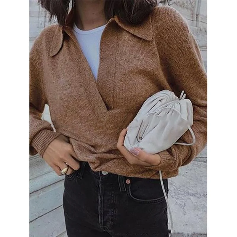 Lapel V Neck Casual Sweaters | EGEMISS