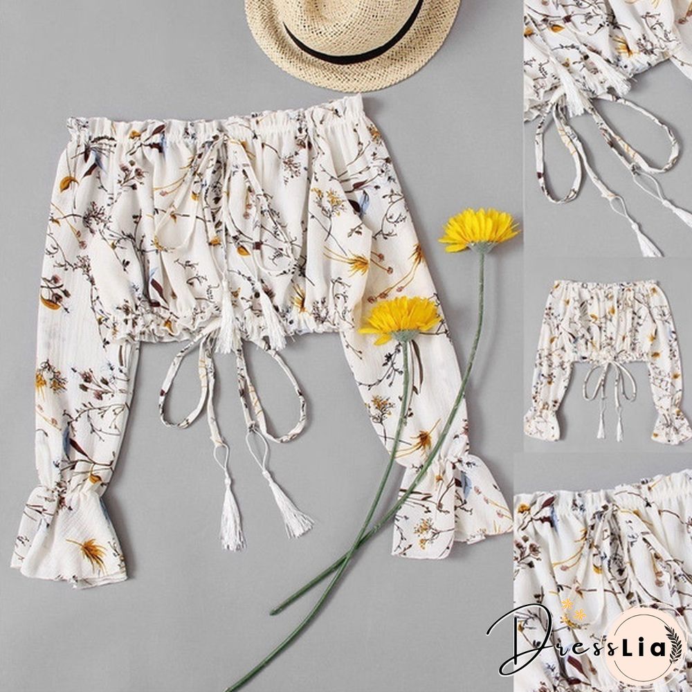 Women's Lace up Bandage Off Shoulder Long Sleeve T-Shirt Crop Tops Blouse Shirt