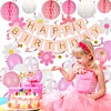Birthday Decorations, Happy Birthday Banner with Birthday Balloons, Honeycomb Balls, Hanging Swirls, Circle Dots Garland, Happy Birthday Party Decorations for Women Men Boys Girls (Pink)