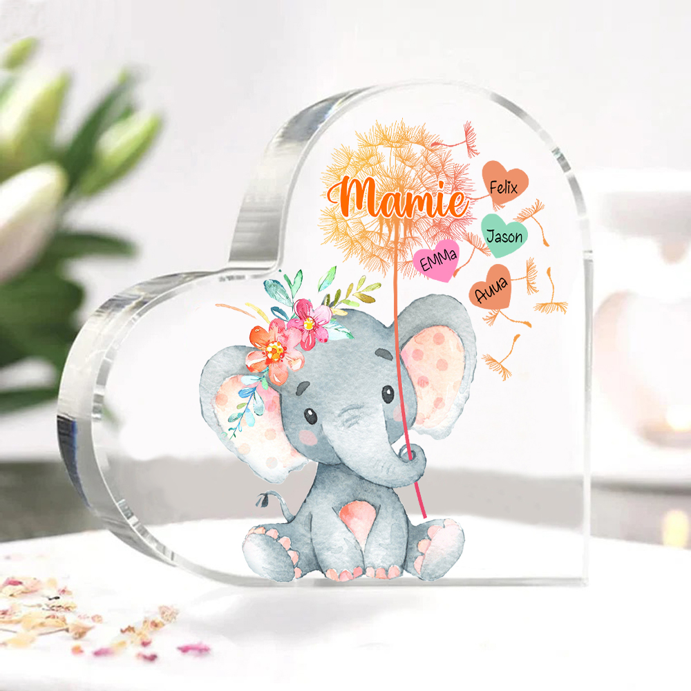 À ma Mamie - Plaque Acrylique Éléphant en Forme de Cœur 4 Prénoms Personnalisés