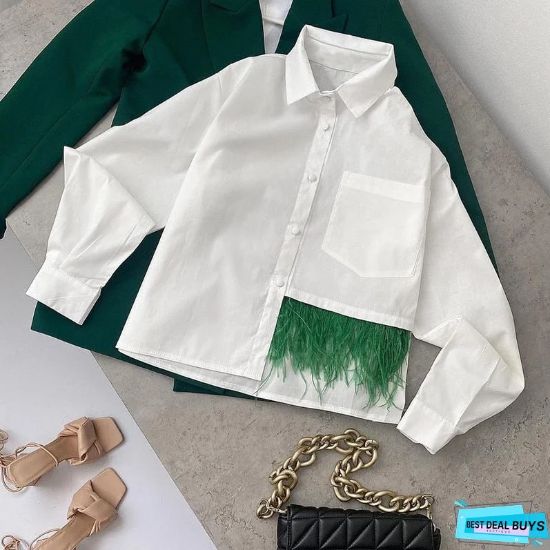 Back to school Casual Long Sleeve Feather Patchwork White Shirt Women Spring Button Up Lapel Chic Blouse Streetwear Simple Crop Top Oversized