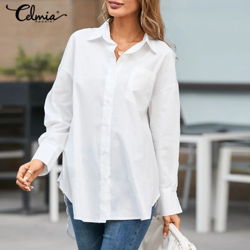 Celmia 2022 Women White Shirts Fashion Asymmetrical Tunic Tops Summer Lapel Solid Long Sleeve Button Casual Party Elegant Blusas