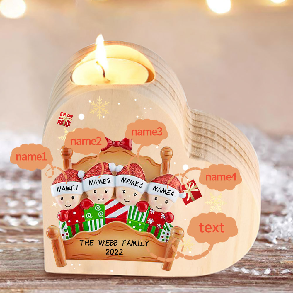Christmas Family Candle Holder Wooden Custom 4 Names Heart Candlesticks Gifts For Family