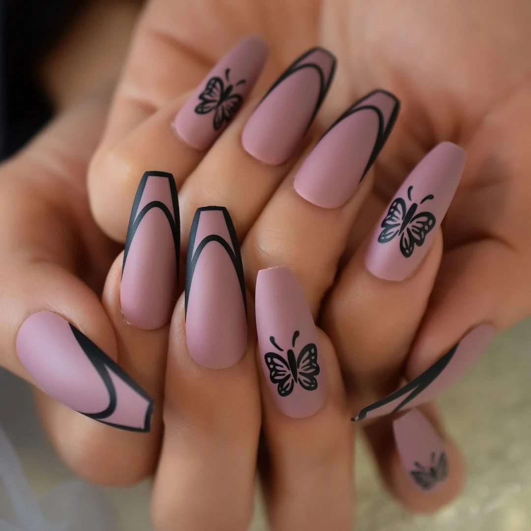 Nude Extra Long Fake Nails Coffin Full Cover Glossy False Nail Long Ballerina Nails with Glue Sticker-Nail Inspo