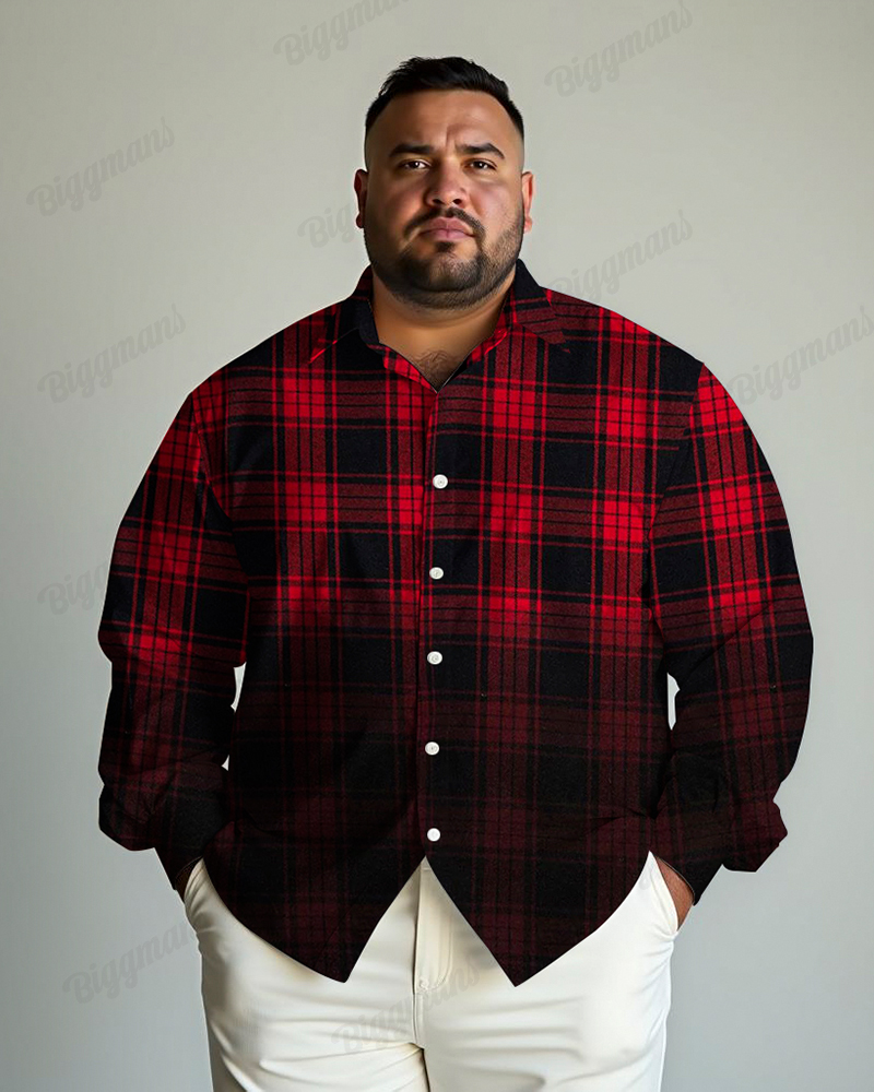 Classic Check Gradient Long Sleeve Lapel Shirt Men's Plus Size