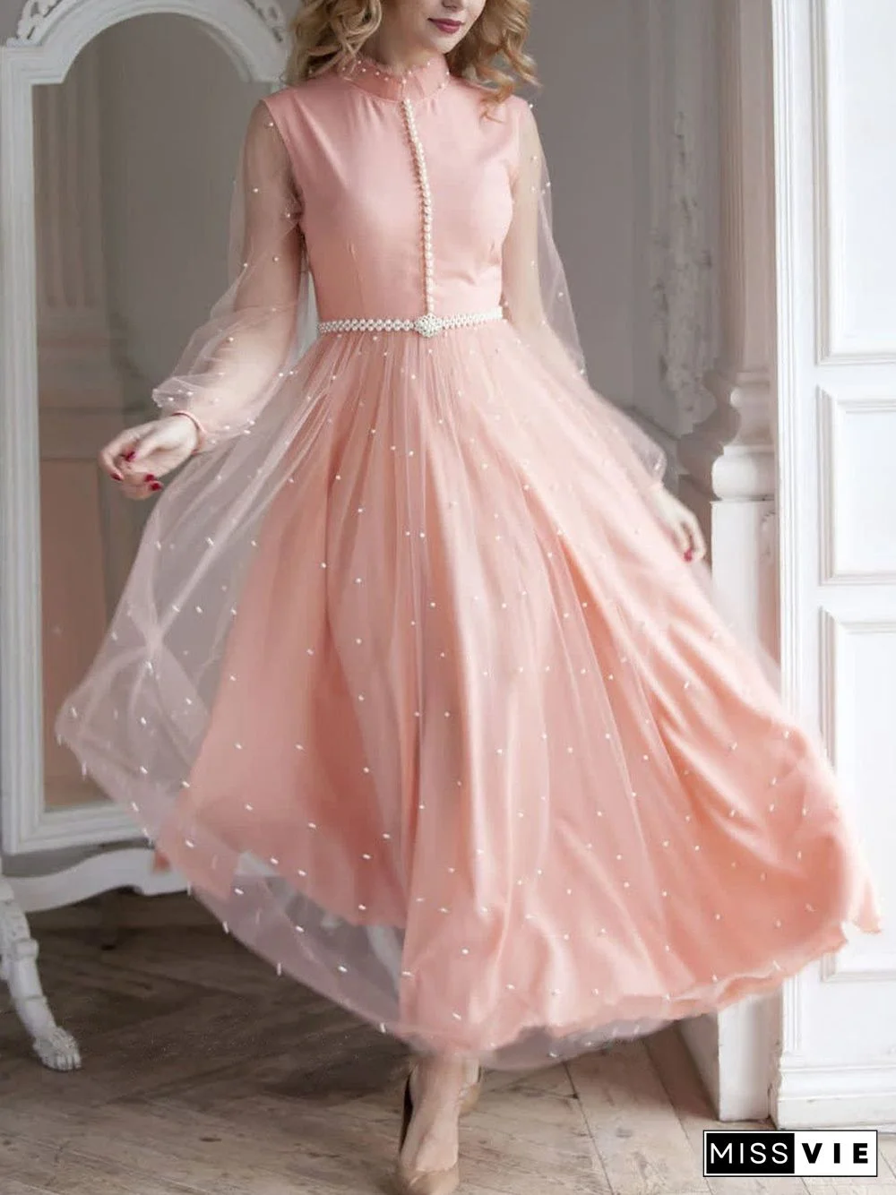 Elegant Pink Round Neck Chiffon Maxi Dress