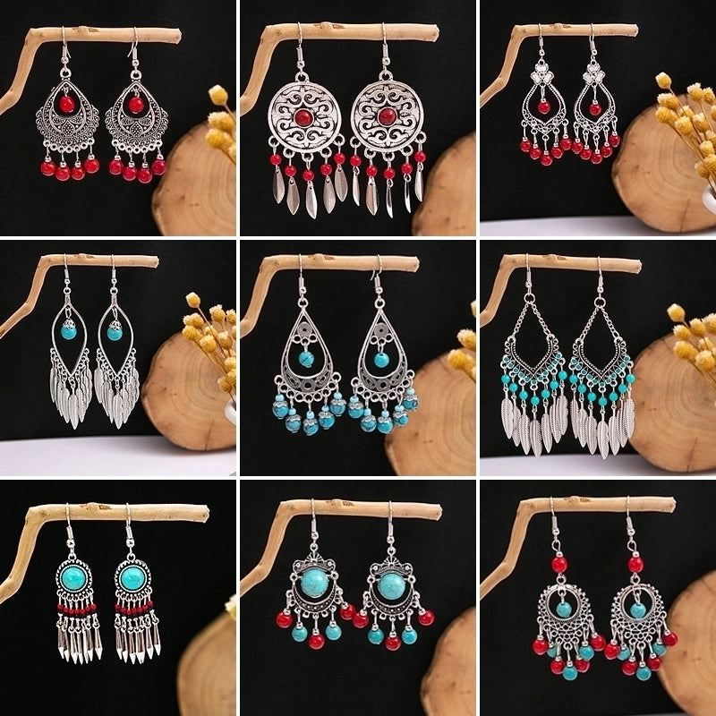 Bohemian Blue Turquoise National Style Earrings Imitation Miao Silver Metal Earrings Vintage Tassel Earrings