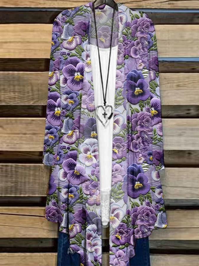 Women's Pansy Floral Pattern Print Cardigan