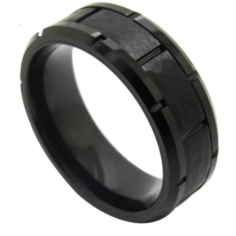 Women's Or Men's Tungsten Carbide Faceted Rings Black Brick Pattern Multi Grooved Wedding Bands Comfort Fit Custom 8mm Ring