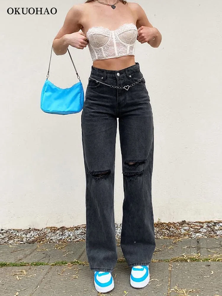 Graduation Gifts  Black Ripped Straight Leg Jeans For Women Fashion Tassel Loose Y2k Streetwear Baggy Jean Pants Mom Casual Wash vintage Trousers