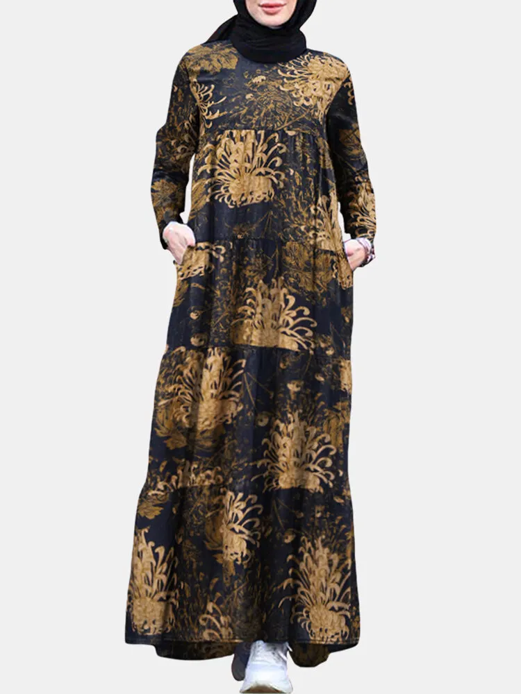 Women Ethnic Calico Print Pocket Patchwork Casual Maxi Dress