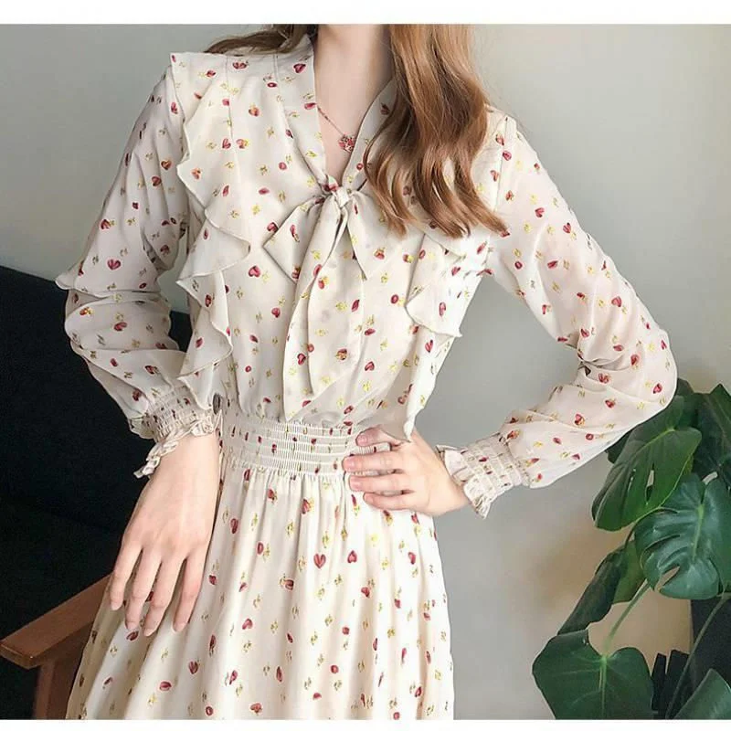 Toloer Toloer Floral Dress Slim Summer New Women's Long Sleeve Bottom Dress French Bow Show Thin Dress-Outfit Ideas