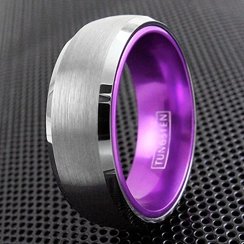 6MM 8MM Women's Or Men&rsquo;s Tungsten Carbide Wedding Rings Matte Finish Silver Top with Violet Purple Inside Beveled Edged