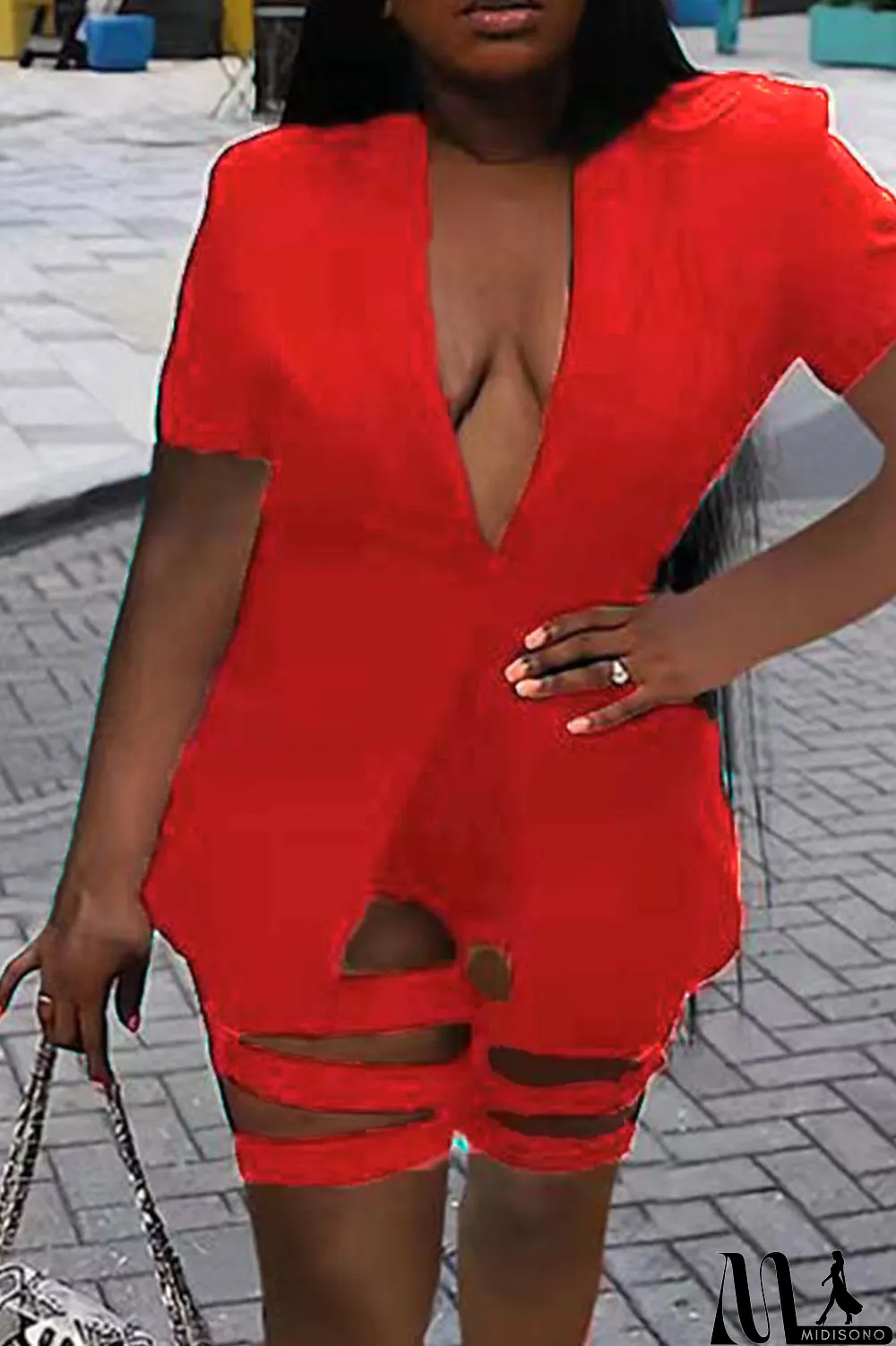 MidiSono - Red Street Print Hollowed Out Patchwork Buttons Turn-back Collar Short Sleeve Two Pieces