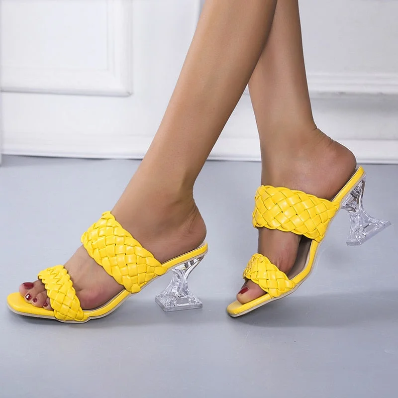 2022 New Summer Women Mules Design Slippers Sandal Slides Braided Cord 7cm Transparent Fretwork Heels Women Shoes Female