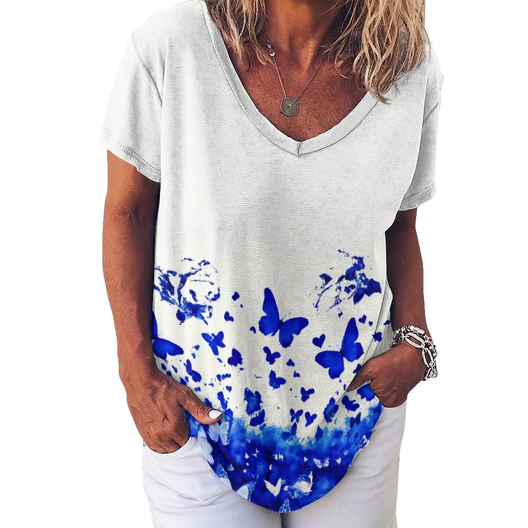 V-neck Short Sleeve Casual T-shirt for  Women Printed with Pattern Butterflies, Floral, Blue, Watercolor