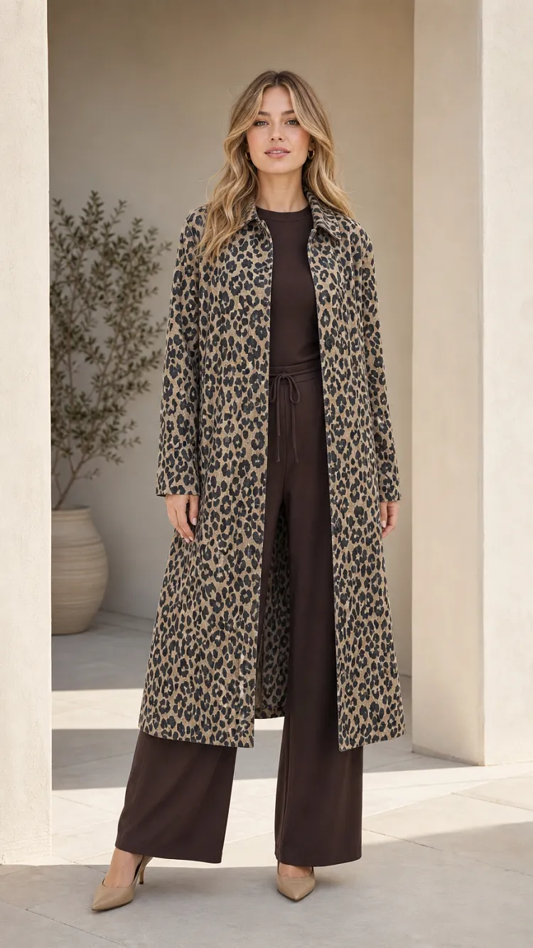 Women's Leopard Print Longline Duster Coat with Turn-Down Collar
