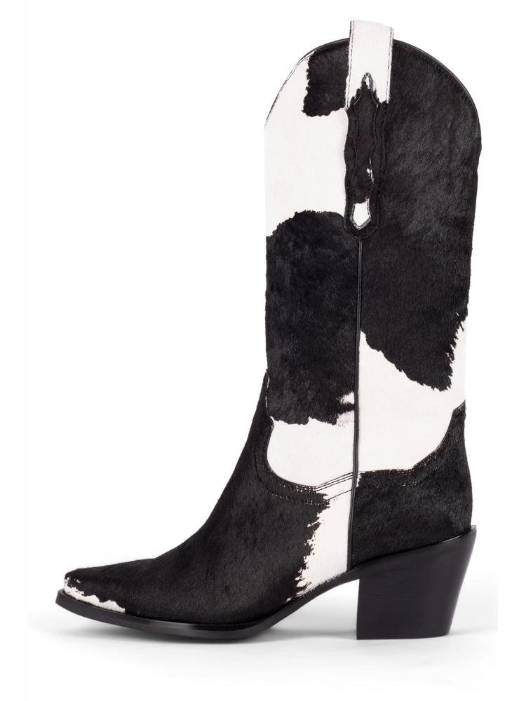 Cow Zebra Stripes Faux Fur Slip-On Mid-Calf Chunky Heel Square Toe Western Chelsea Boots