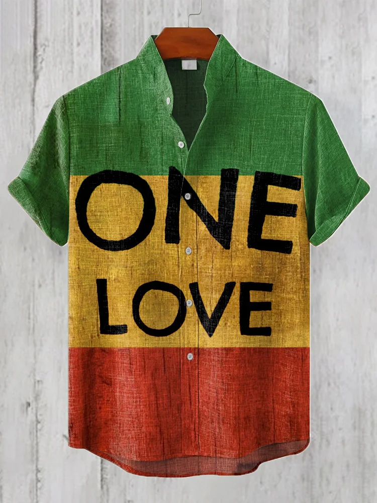 Men's Reggae One Love Print Linen Blend Vintage Shirt