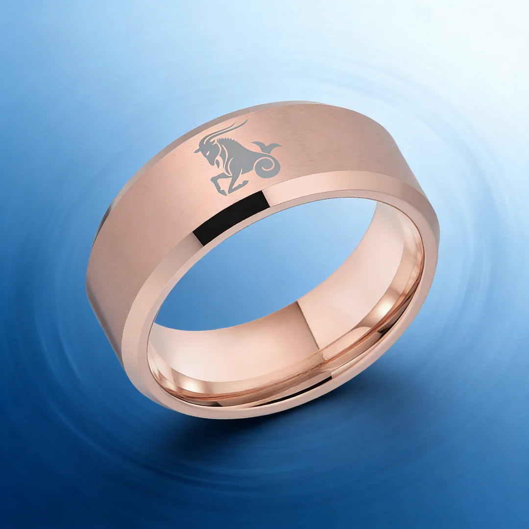 Mens Womens Rose Gold Capricorn Tungsten Carbide Bands Rose Gold Edges and Laser Etched Wedding Rings Comfort Fit 4MM 6MM 8MM Width