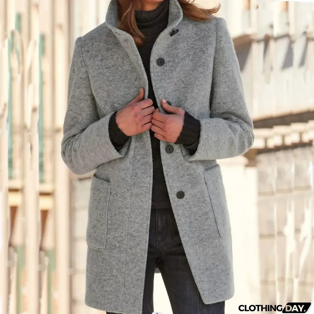 Autumn And Winter Women's Retro Solid Color Button Stand Collar Coat