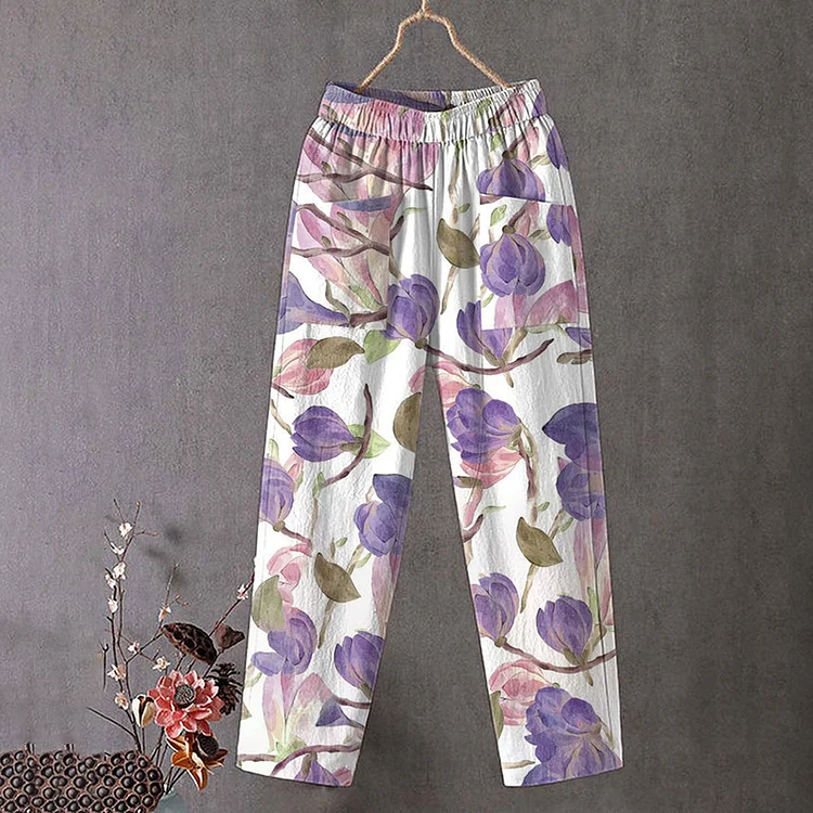 Utbros Flower Art Print Linen Blend Pocket Pants