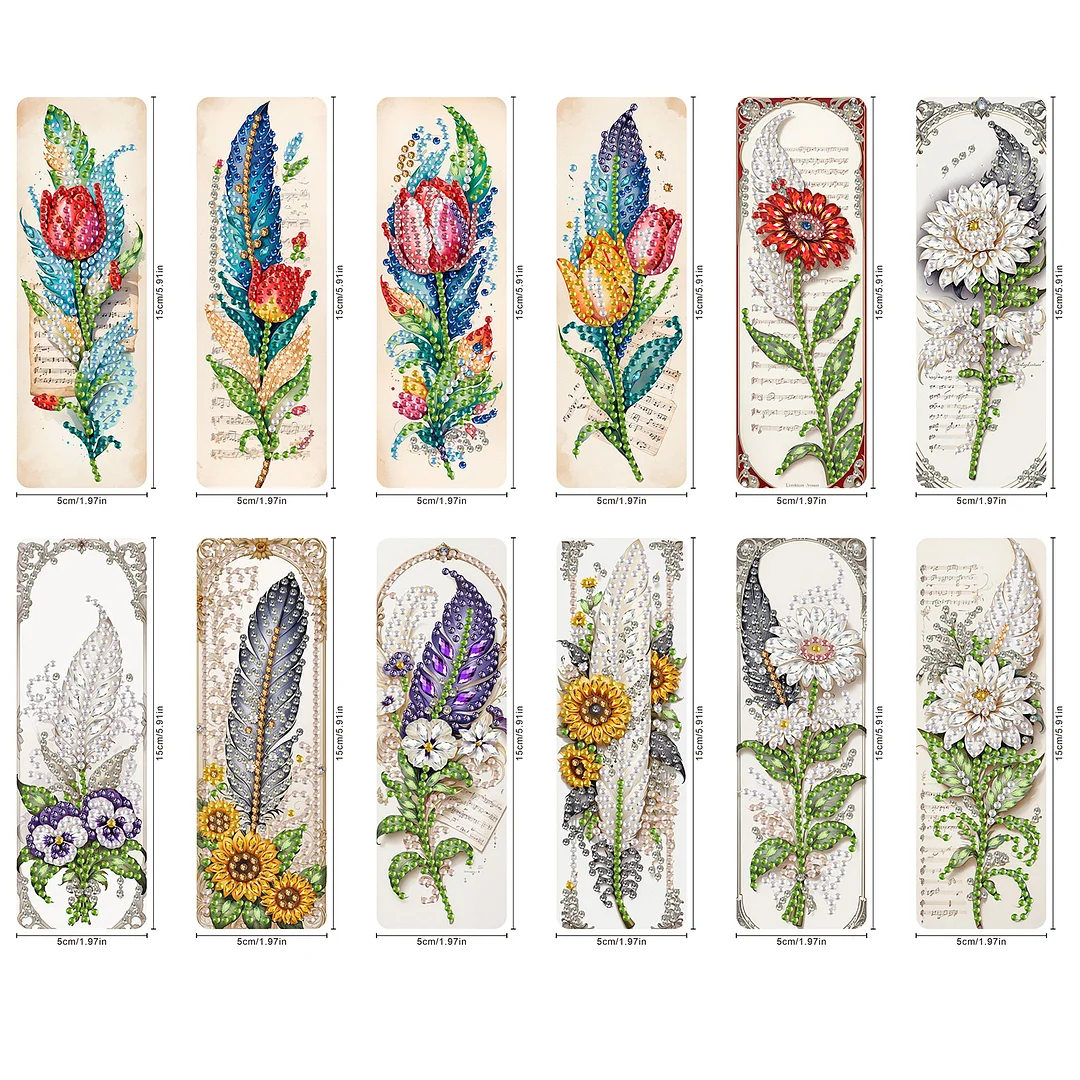 12Pcs Feathers and Flowers DIY Diamond Painting Bookmarks for Reading Enthusiast