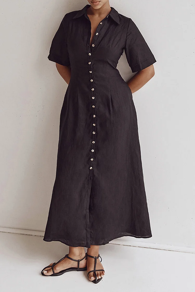 Turndown Collar Button Up Short Sleeve Cinch Waist Slit Plain Linen Maxi Dresses [Pre Order]