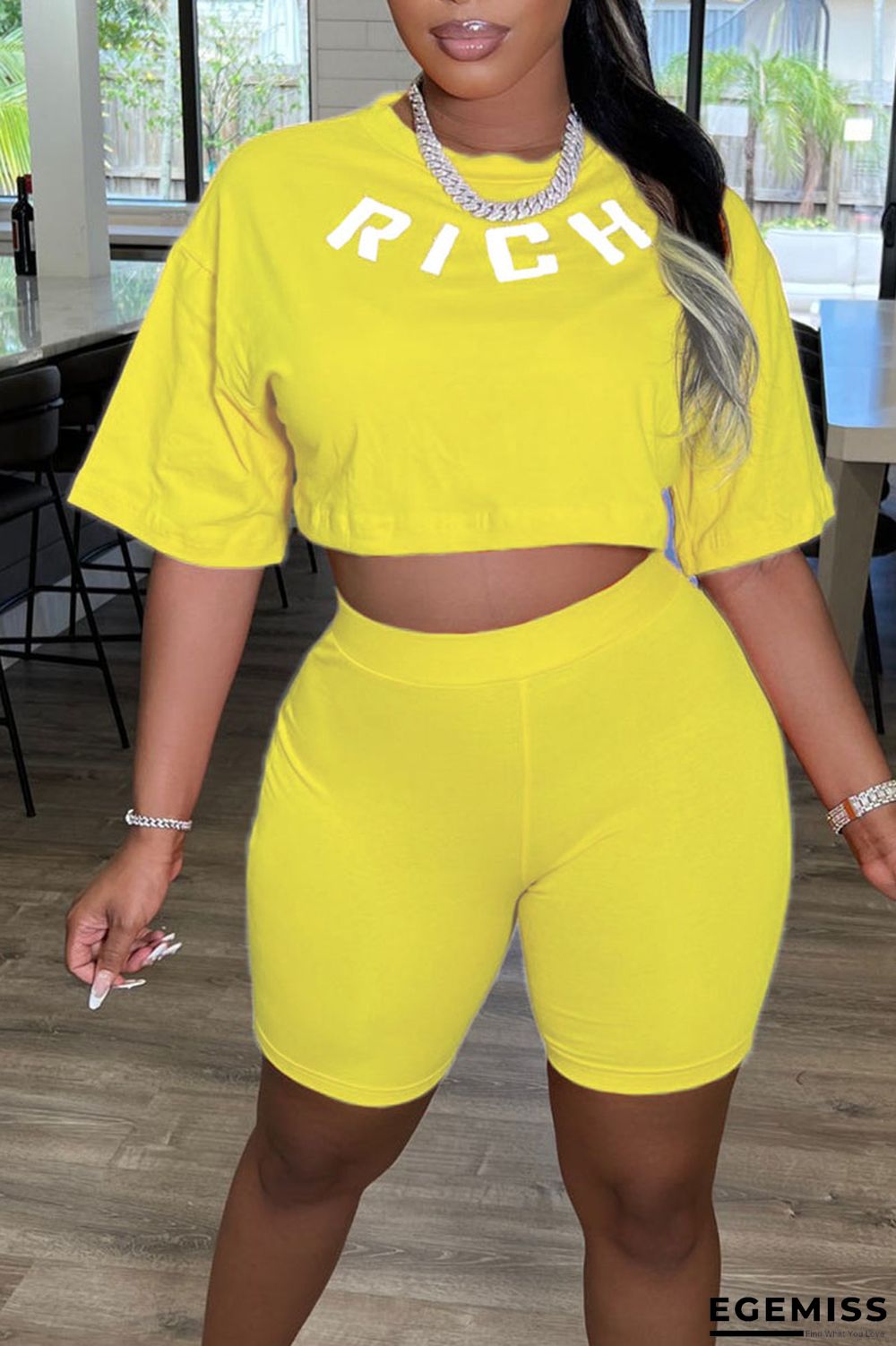 Yellow Casual Print Patchwork O Neck Short Sleeve Two Pieces | EGEMISS