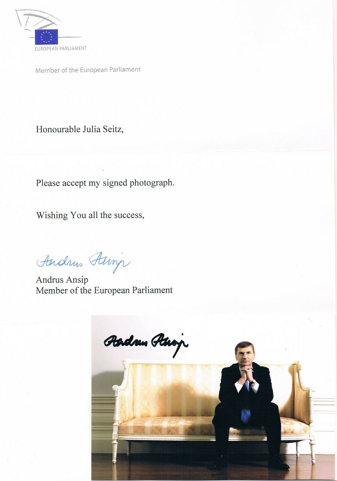 Estonia Prime Minister Andrus Ansip 1956- autograph signed 4x6