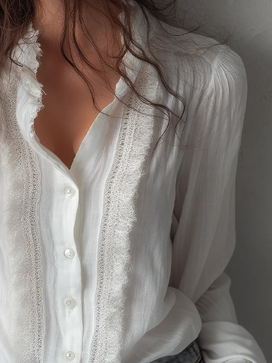 Women's Minimalist Lace Cotton And Linen Long Sleeve Shirt