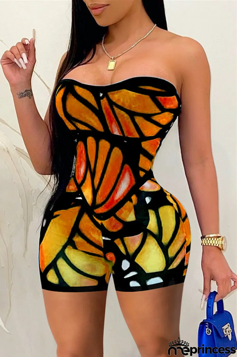 Pink Fashion Sexy Print Backless Strapless Skinny Romper