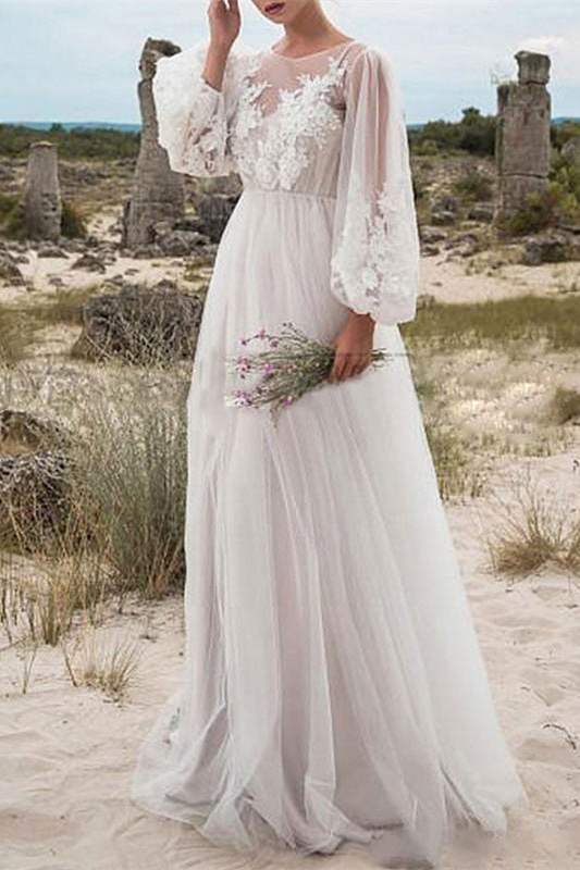 Bubble Sleeves Tulle Lace Wedding Dress PD0323