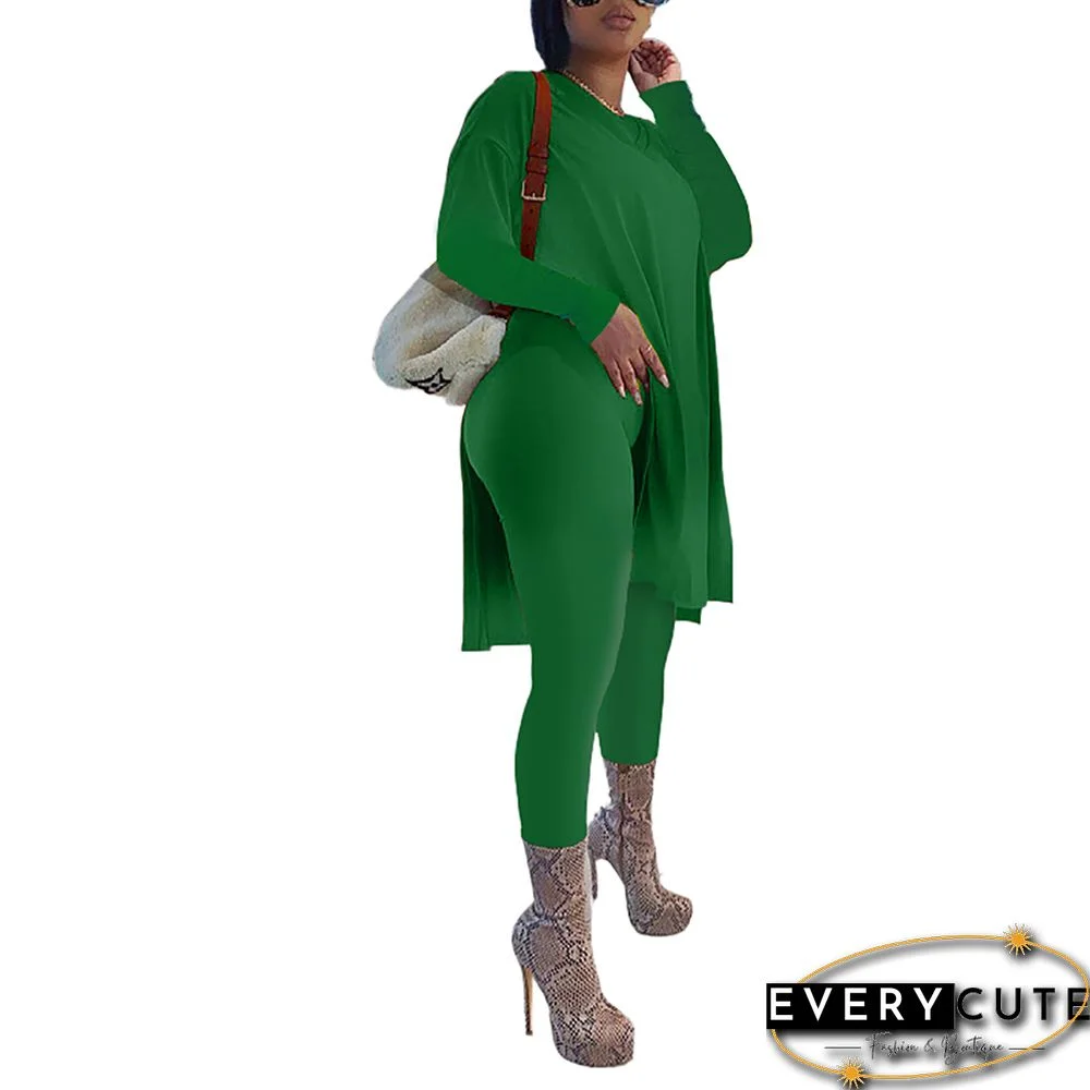 Green Split Long Sleeve Top and Pant Set