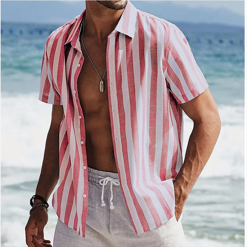  Striped Short-Sleeve Button-Up Shirt for Men - Perfect for Summer Beach Outings