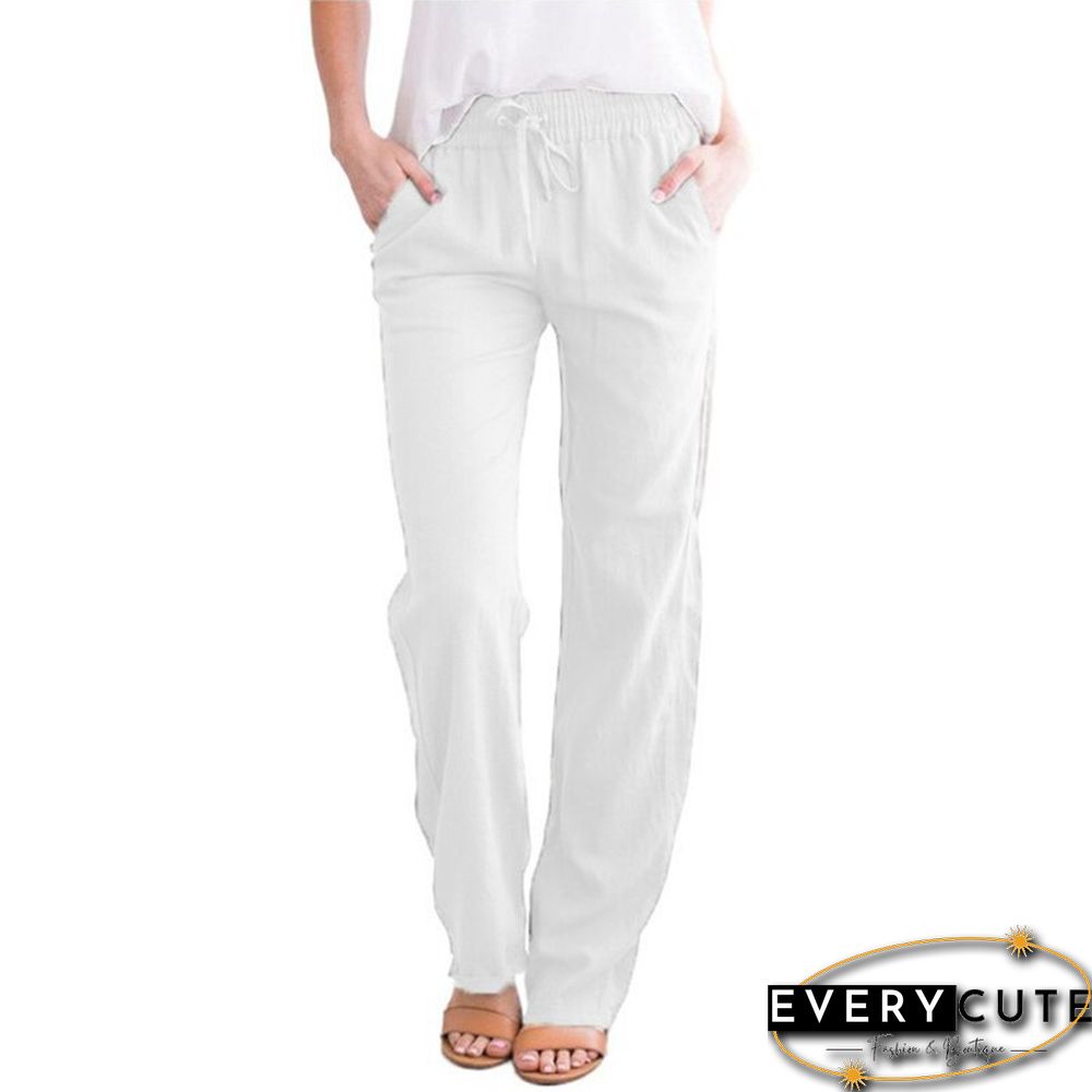 Summer Women's Cotton Linen Drawstring Loose Wide-Leg Pants Hot Sale Long Trousers With Pocket