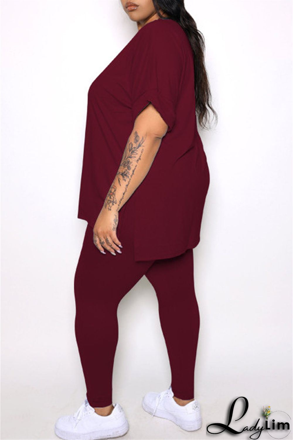 Tibetan Blue Fashion Casual Solid Slit V Neck Plus Size Two Pieces