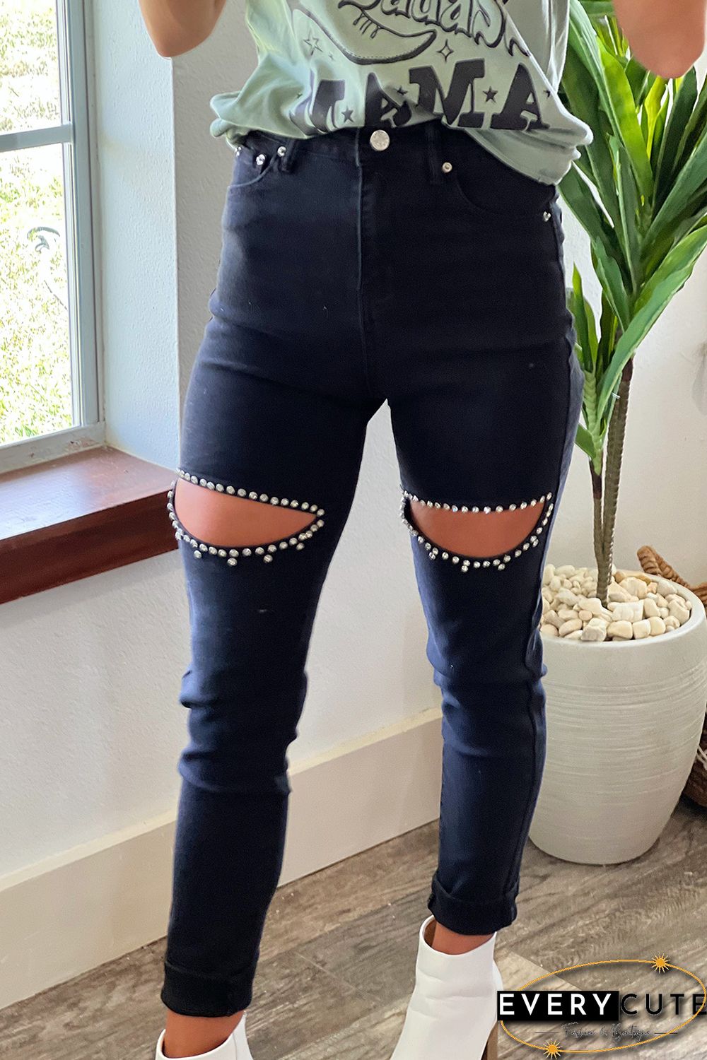 Black Rhinestone Cutout Skinny Jeans