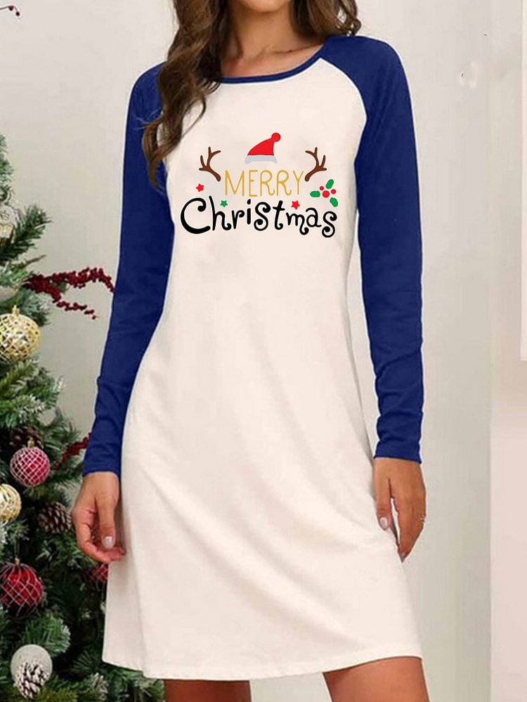 Christmas Print Raglan Sleeve Color Block Dress-luchamp:luchamp
