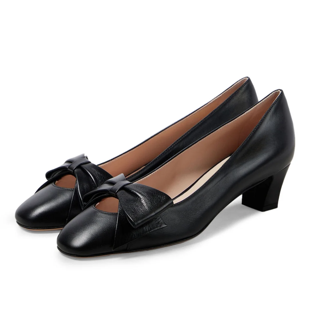 Classic Black Vegan Leather Square Toe Bow Chunky Heel Pumps for Women