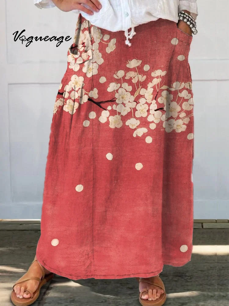 Simple Gentle And Elegant Flowers Printed Women's Casual Cotton And Linen Skirt
