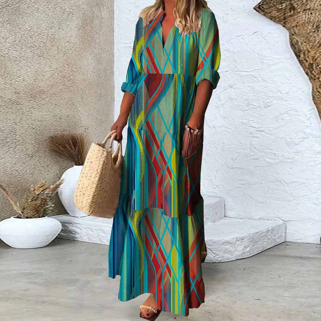 Women Texture, Green, Red DZDN0696 SPU Printed Long Sleeve V-neck Maxi Dress