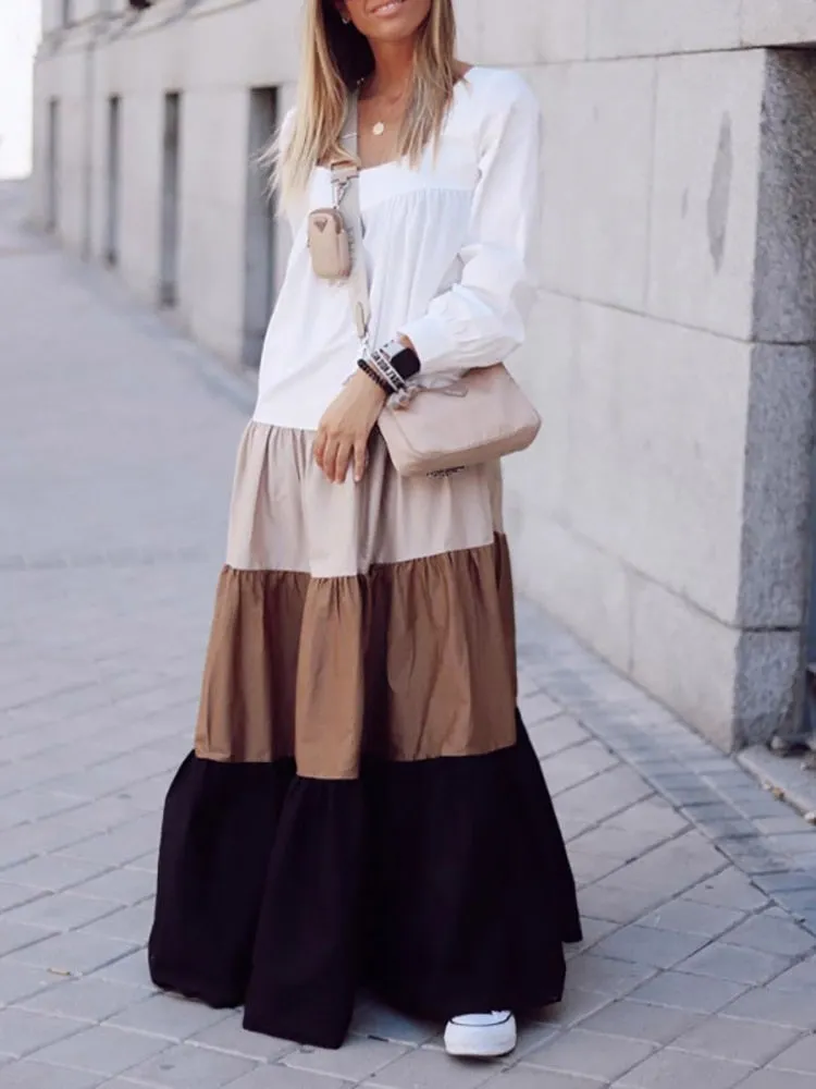 Women Vintage Long Sleeve Patchwork Pleated Dresses Ladies Sexy Slash Neck Loose Party Dress Summer Casual Female Dress Vestidos