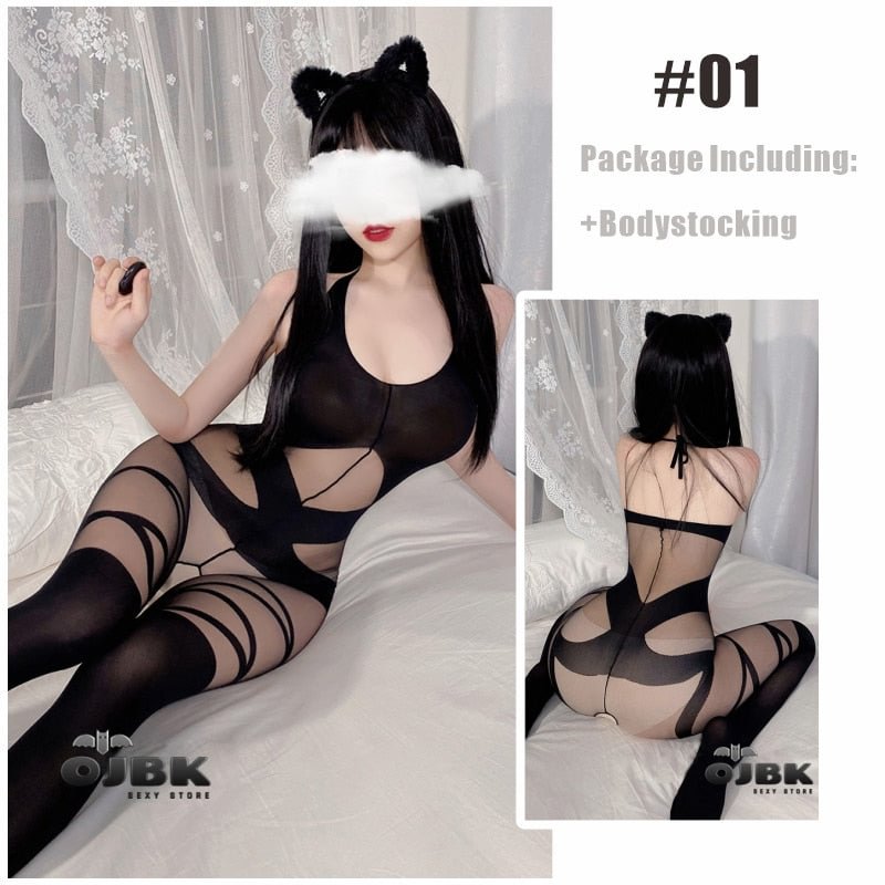 OJBK Women Lingerie Open Crotch Body Stocking Halter Porn Bodysuits Female Elasticity Mesh Hollow Pantyhose Cosplay Costumes New