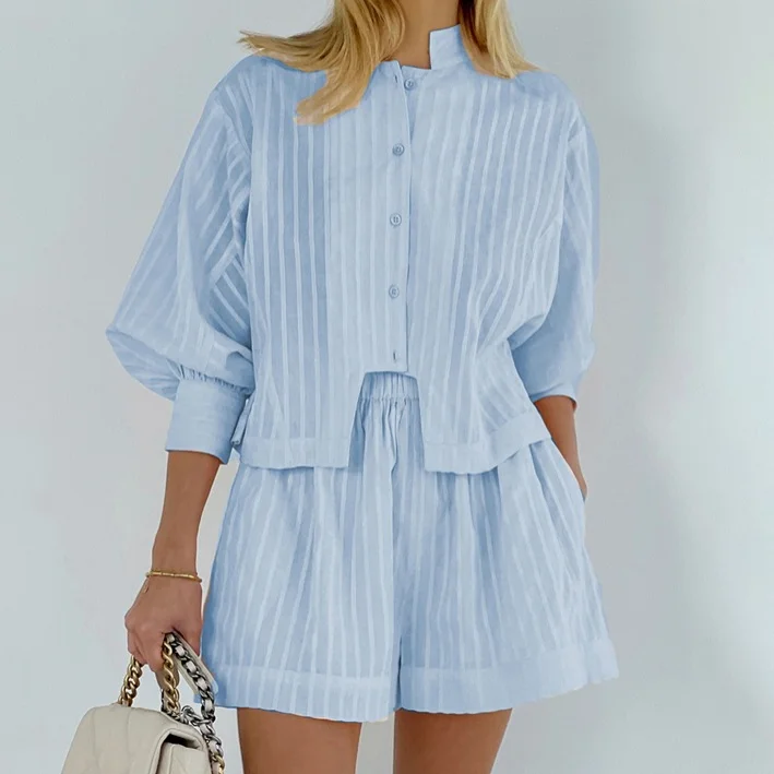 Cardigan Shorts Striped Suit Two-Piece Set VangoghDress