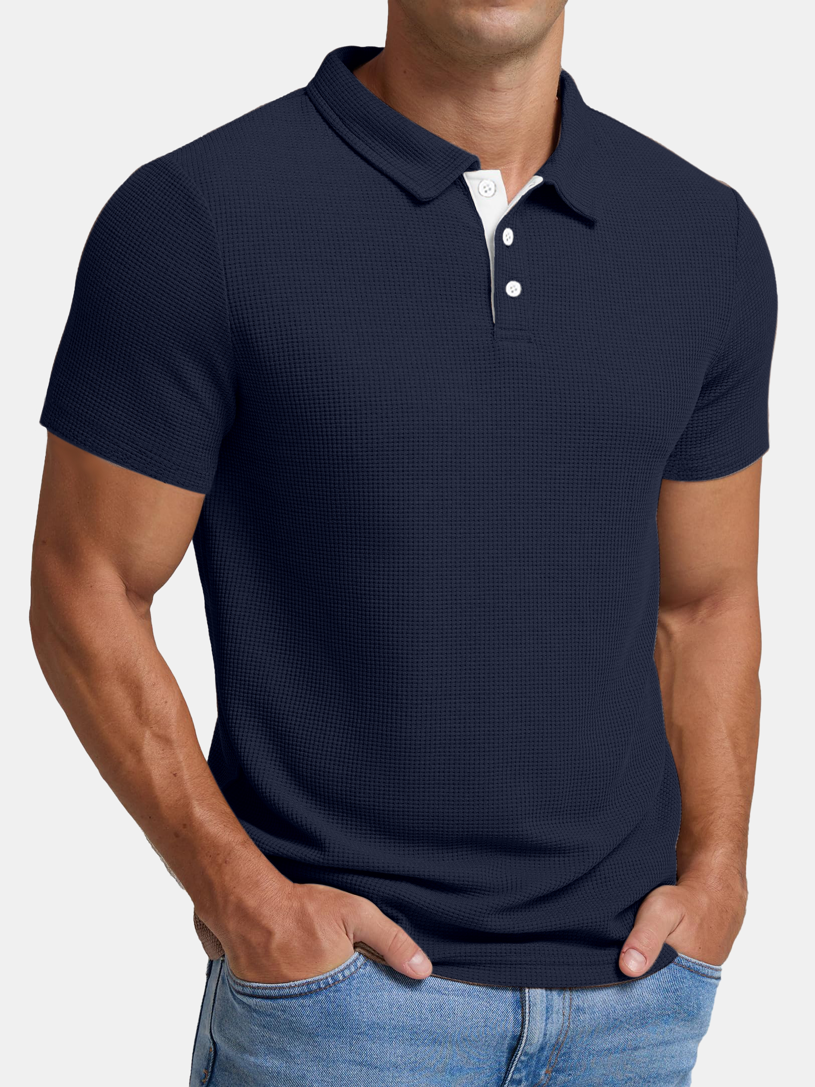 Men's Casual Waffle Contrast Lapel Short Sleeve Polo Shirt