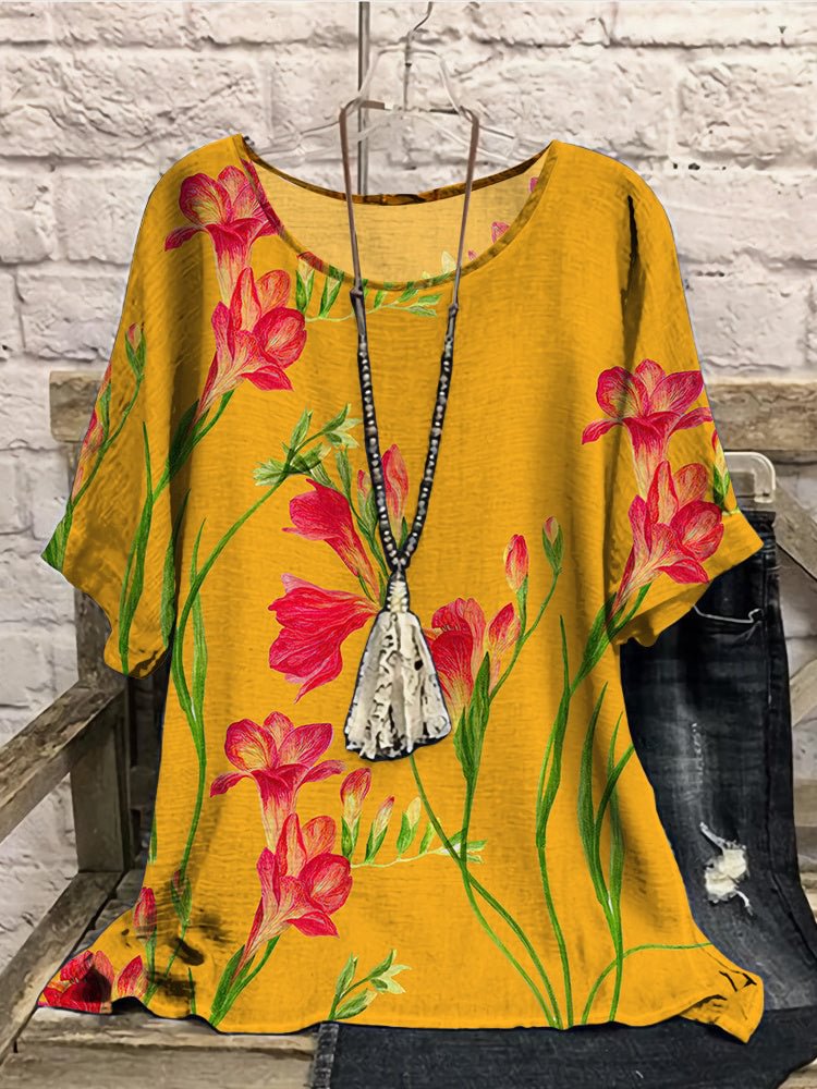 Women Half Sleeve Scoop Neck Floral Printed Yellow Women Tops