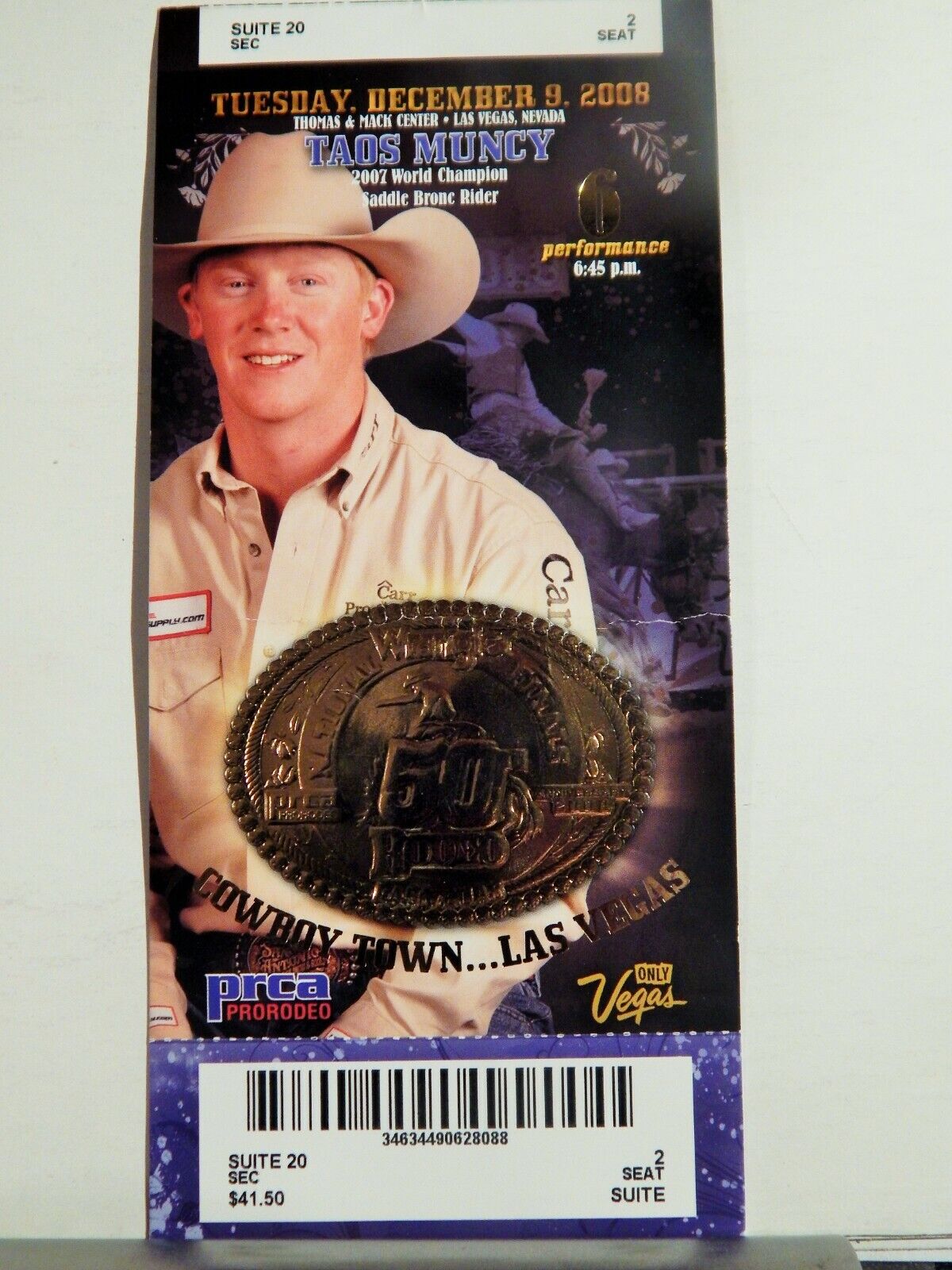 2008 NATIONAL FINALS RODEO LG ORIGINAL USED TICKET TAOS MUNCY COLOR Photo Poster painting