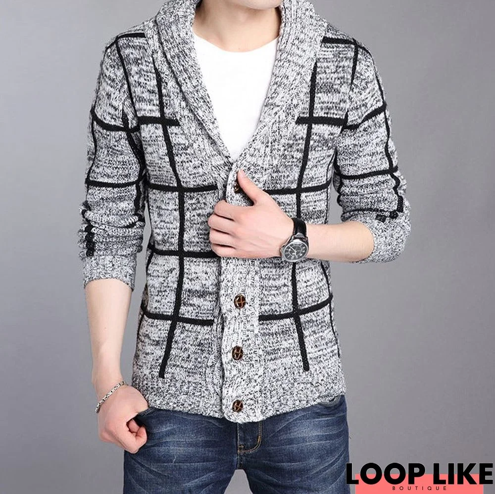 Fashion Slim Plaid Long Sleeve Men's Sweater