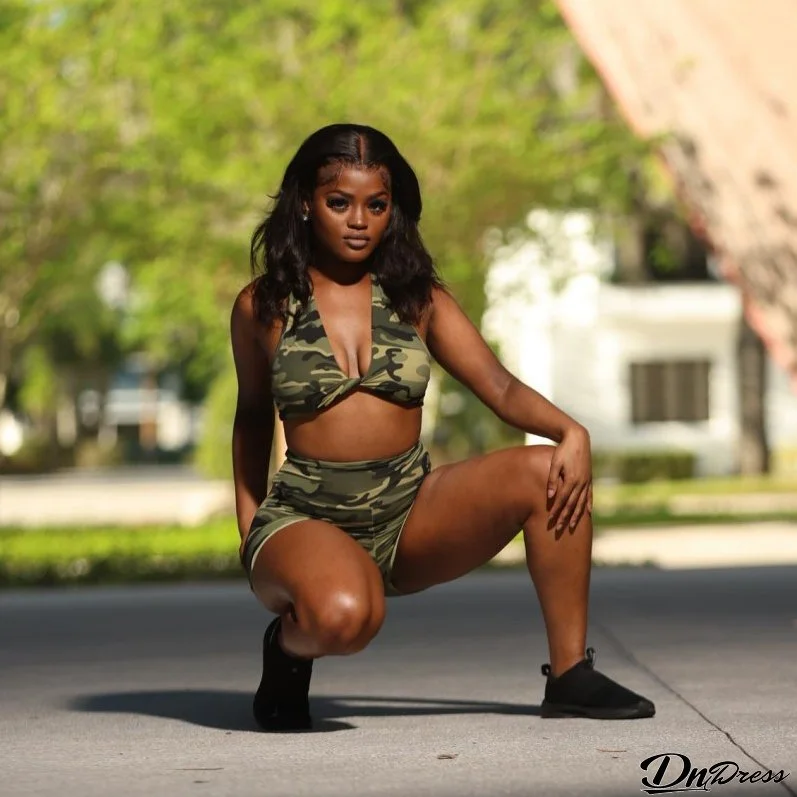 Women Summer Camouflage Sleeveless Halter Neck Crop Top And Shorts Two-piece Set